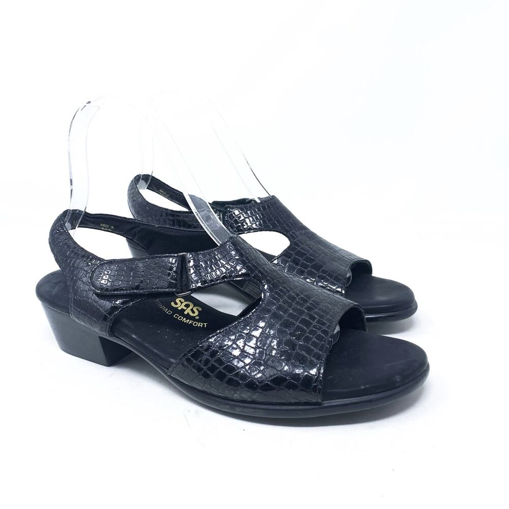 SAS Suntimer Tripad Comfort Croc Print Hook Loop Black Patent Leather Sandal 8